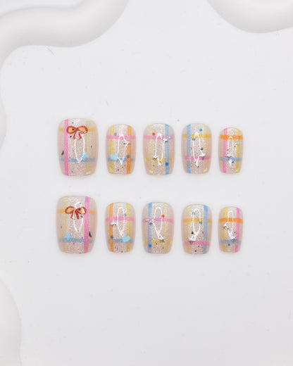 Short Coffin Rainbow Bowtie Press On Nails