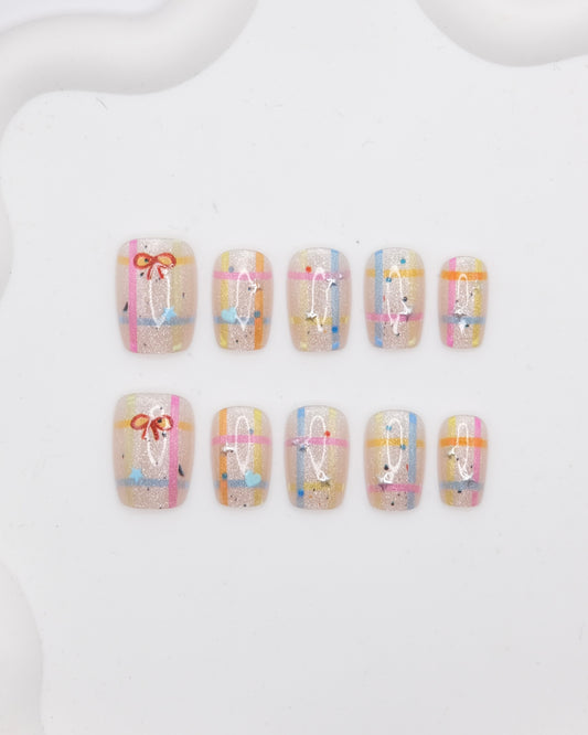 Short Coffin Rainbow Bowtie Press On Nails