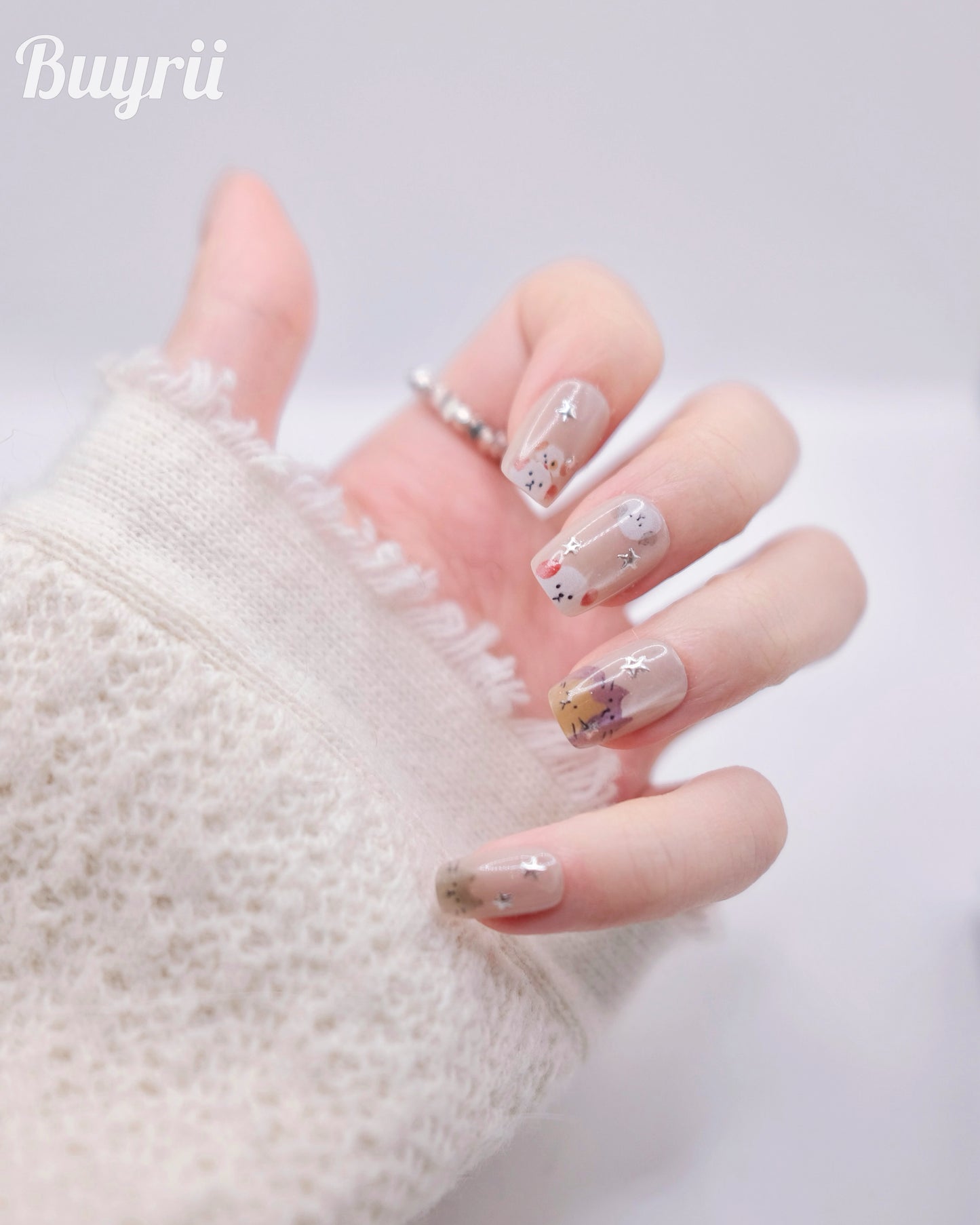 Short Coffin Cateye Nude Color Embossed Cute Cat & Puppy Press On Nails