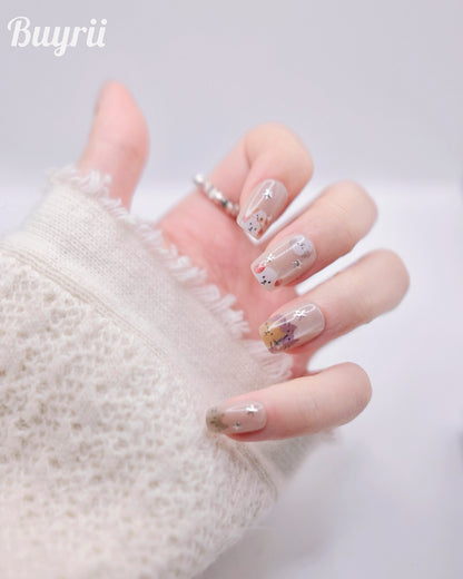 Short Coffin Cateye Nude Color Embossed Cute Cat & Puppy Press On Nails