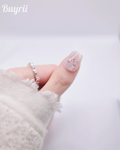 Short Coffin Cateye White Cute Kitty Press On Nails