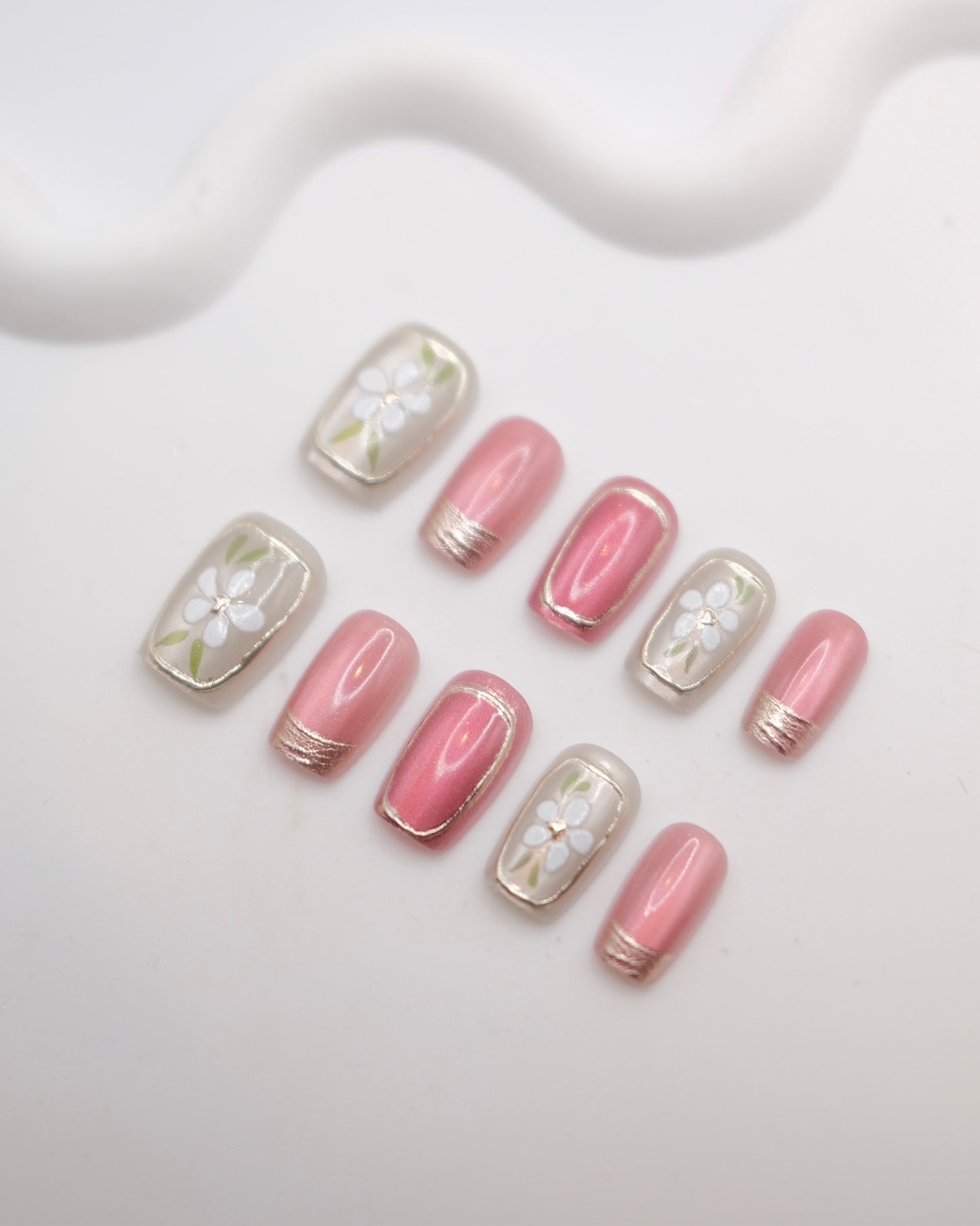 Short Coffin White & Ruby Embossed Flower Press On Nails