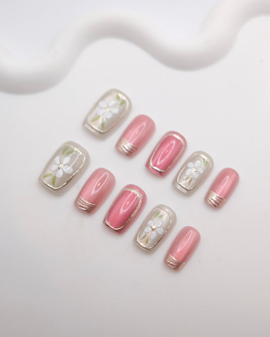 Short Coffin White & Ruby Embossed Flower Press On Nails