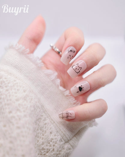 Short Coffin Cateye White Cute Kitty Press On Nails