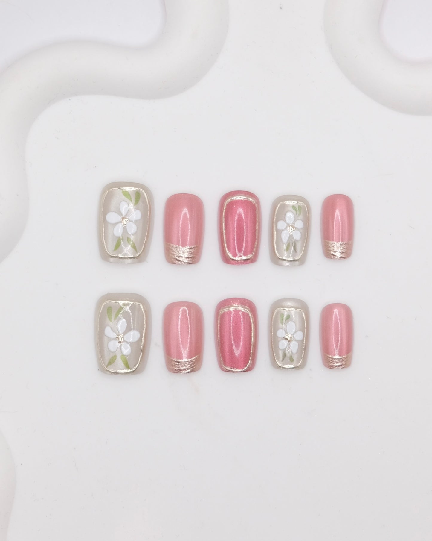 Short Coffin White & Ruby Embossed Flower Press On Nails