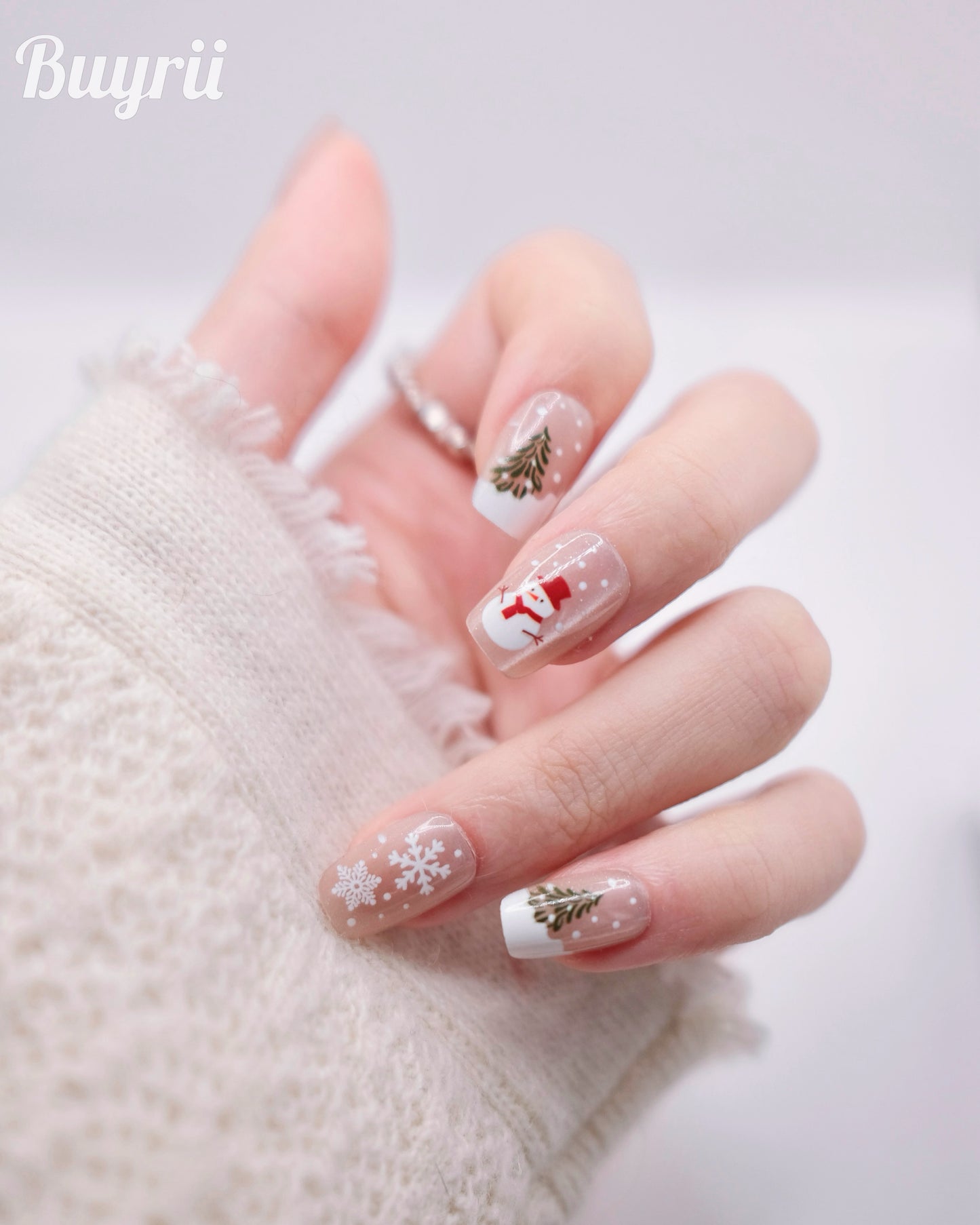 Short Coffin Christmas Nude Color Snowman Press On Nails