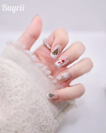 Short Coffin Christmas Nude Color Snowman Press On Nails