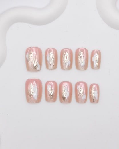 Short Coffin Nude & Gold Embossed Press On Nails