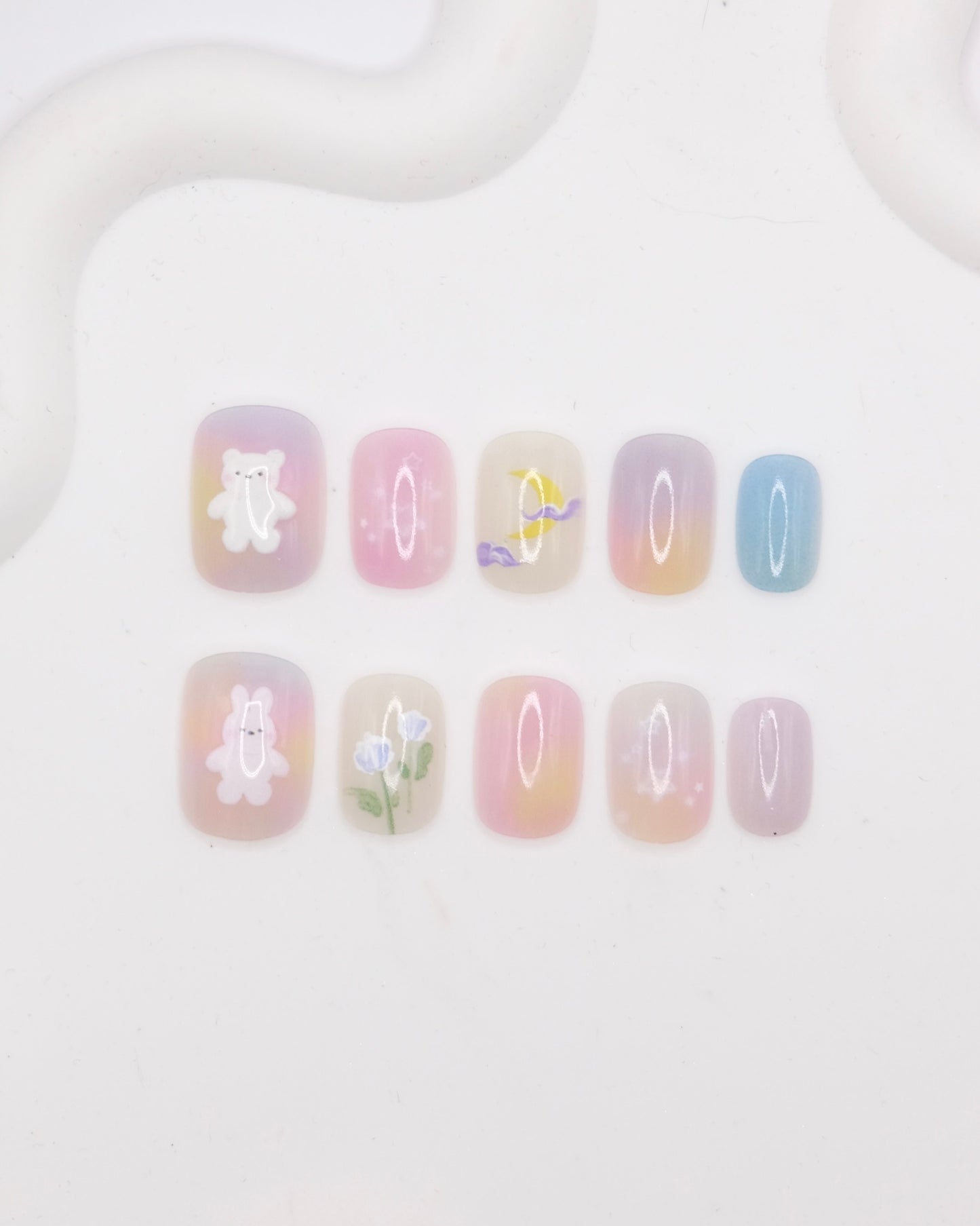 Short Rounded Colorful Happy Bear & Flower Press On Nails
