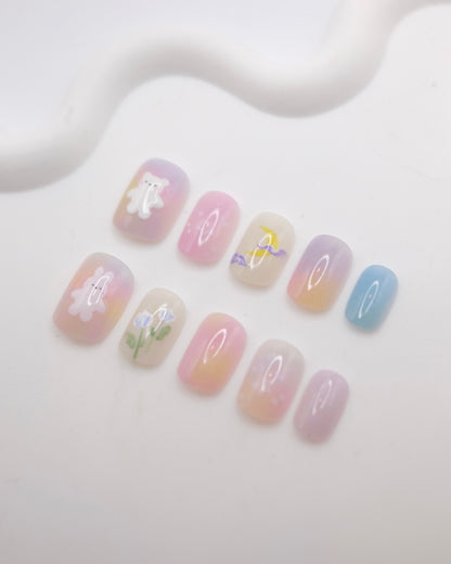 Short Rounded Colorful Happy Bear & Flower Press On Nails