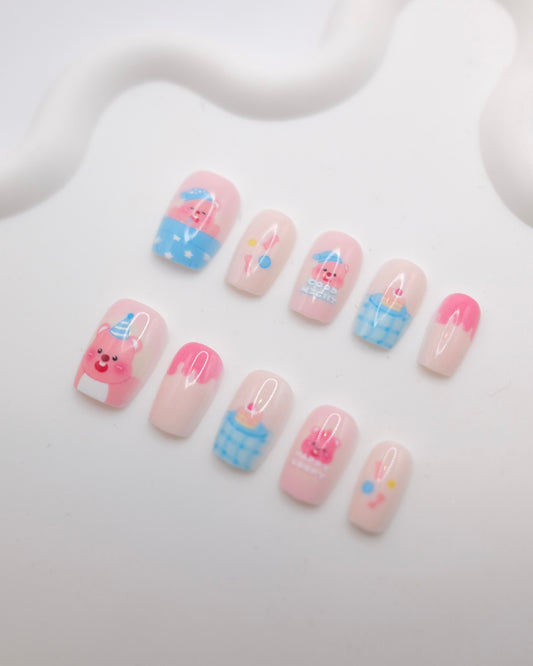 Short Coffin Pink Loppy Press On Nails