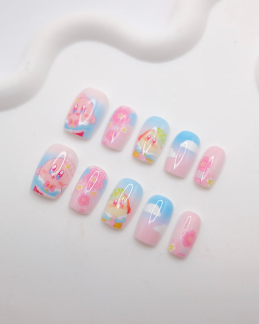 Short Coffin Colorful Kirby with Sakura Press On Nails
