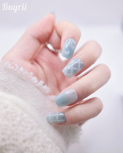 Short Coffin Blue Bow Tie & Love Heart Press On Nails