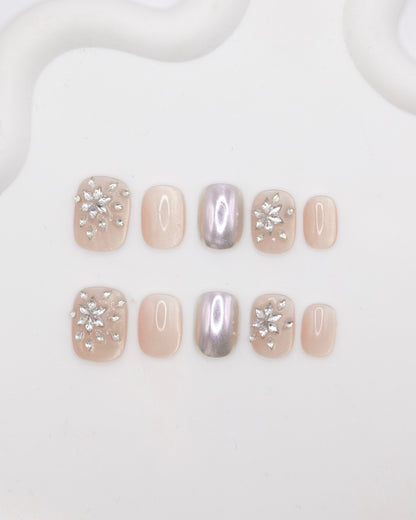 Short Rounded Nude Color Snowflake Diamond Press On Nails