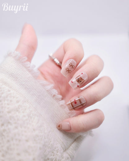 Short Coffin Nude Color Cupcakes & Cute Bear Press On Nails