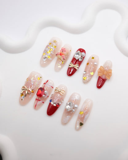 Extra Long Oval Ruby Christmas Press On Nails