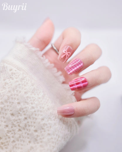 Short Coffin Pink Shiny Bowtie Press On Nails