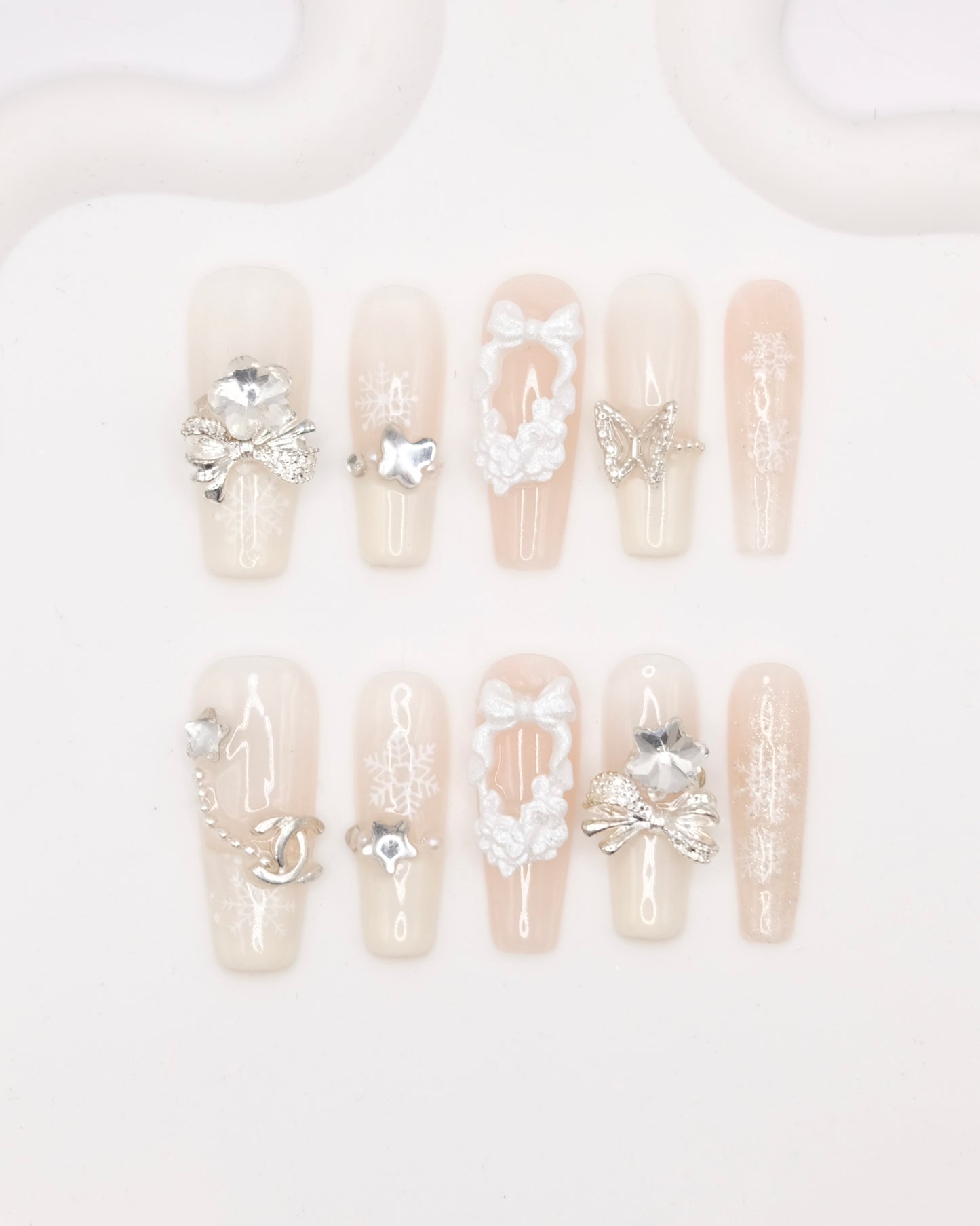 Extra Long Coffin White Diamond Christmas Fairy Press On Nails