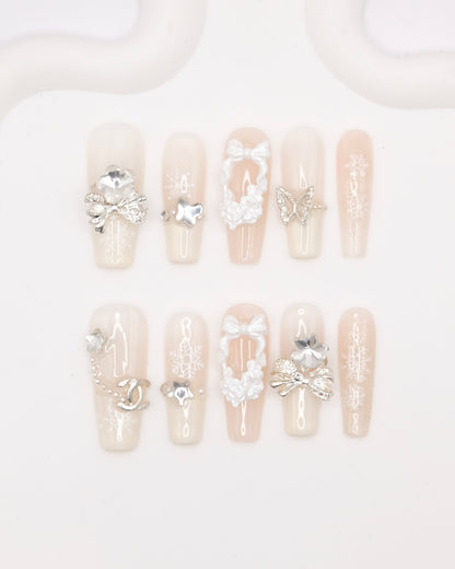 Extra Long Coffin White Diamond Christmas Fairy Press On Nails