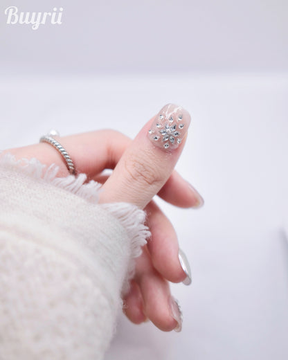 Short Rounded Nude Color Snowflake Diamond Press On Nails