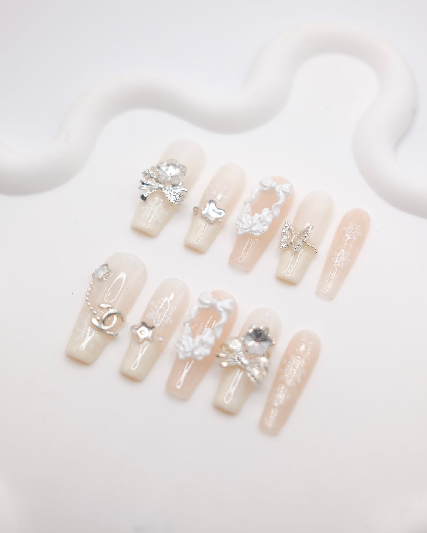 Extra Long Coffin White Diamond Christmas Fairy Press On Nails