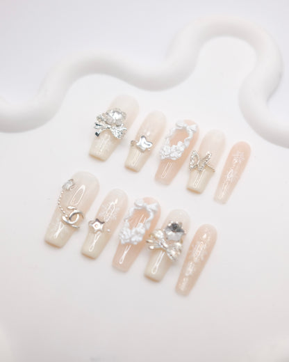 Extra Long Coffin White Diamond Christmas Fairy Press On Nails