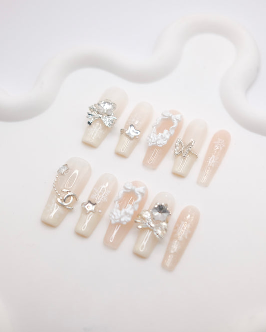 Extra Long Coffin White Diamond Christmas Fairy Press On Nails