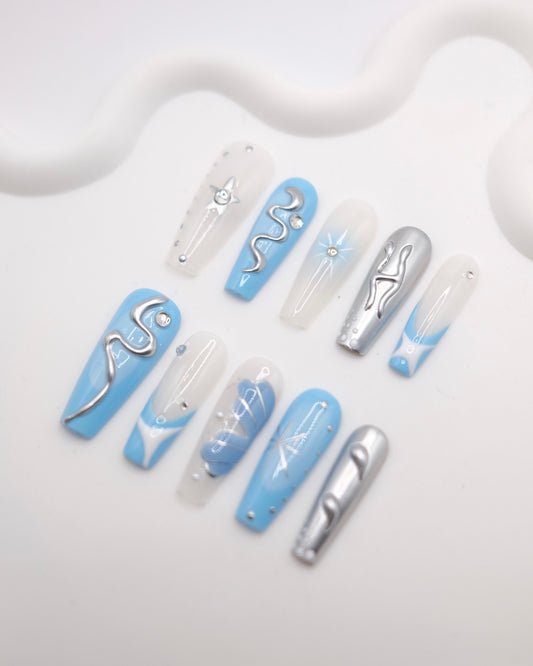 Extra Long Coffin Blue & Silver Y2K Press On Nails