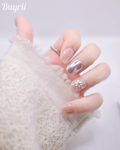 Short Rounded Nude Color Snowflake Diamond Press On Nails