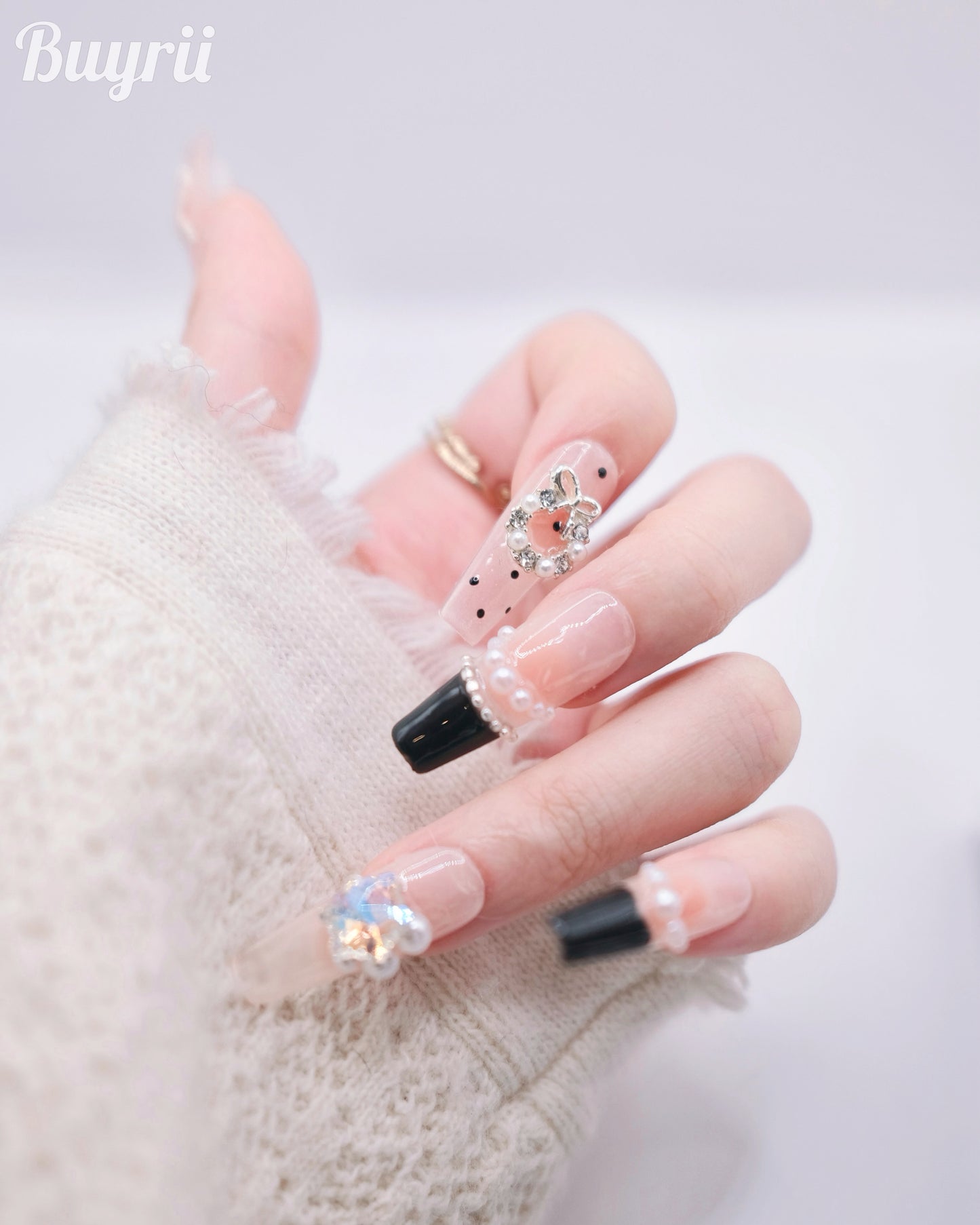 Extra Long Coffin Christmas Bell Winter Diamond Press On Nails