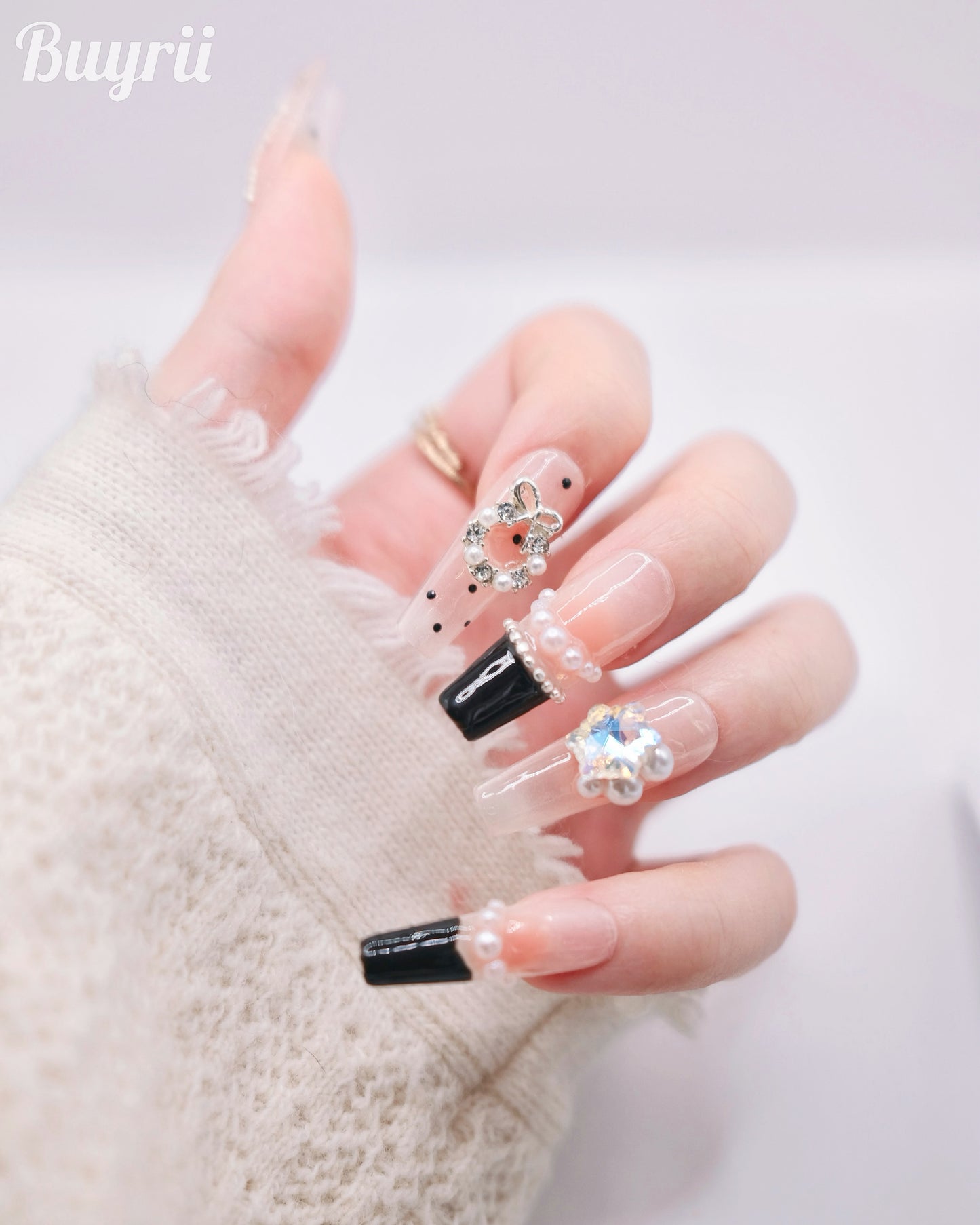 Extra Long Coffin Christmas Bell Winter Diamond Press On Nails