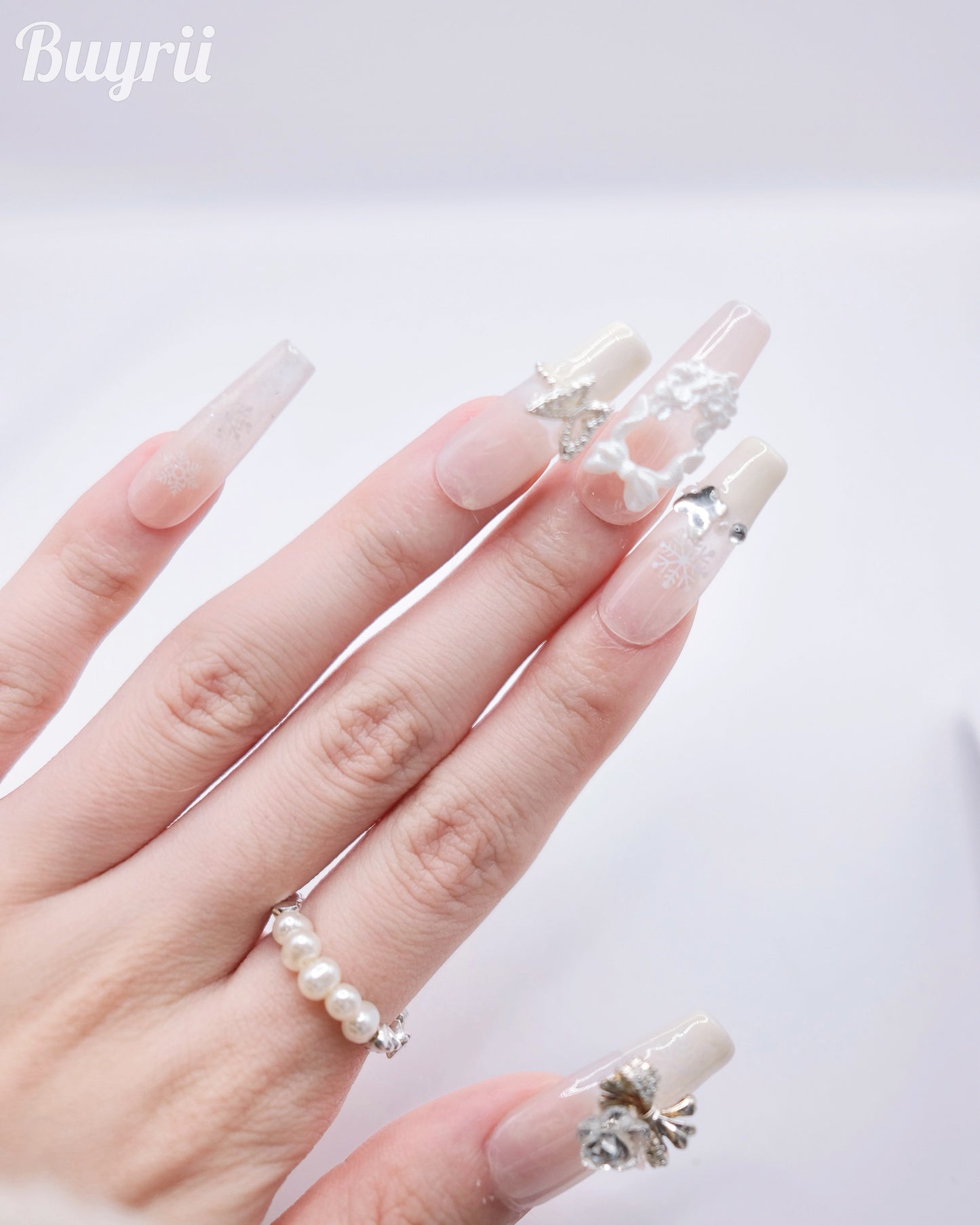 Extra Long Coffin White Diamond Christmas Fairy Press On Nails