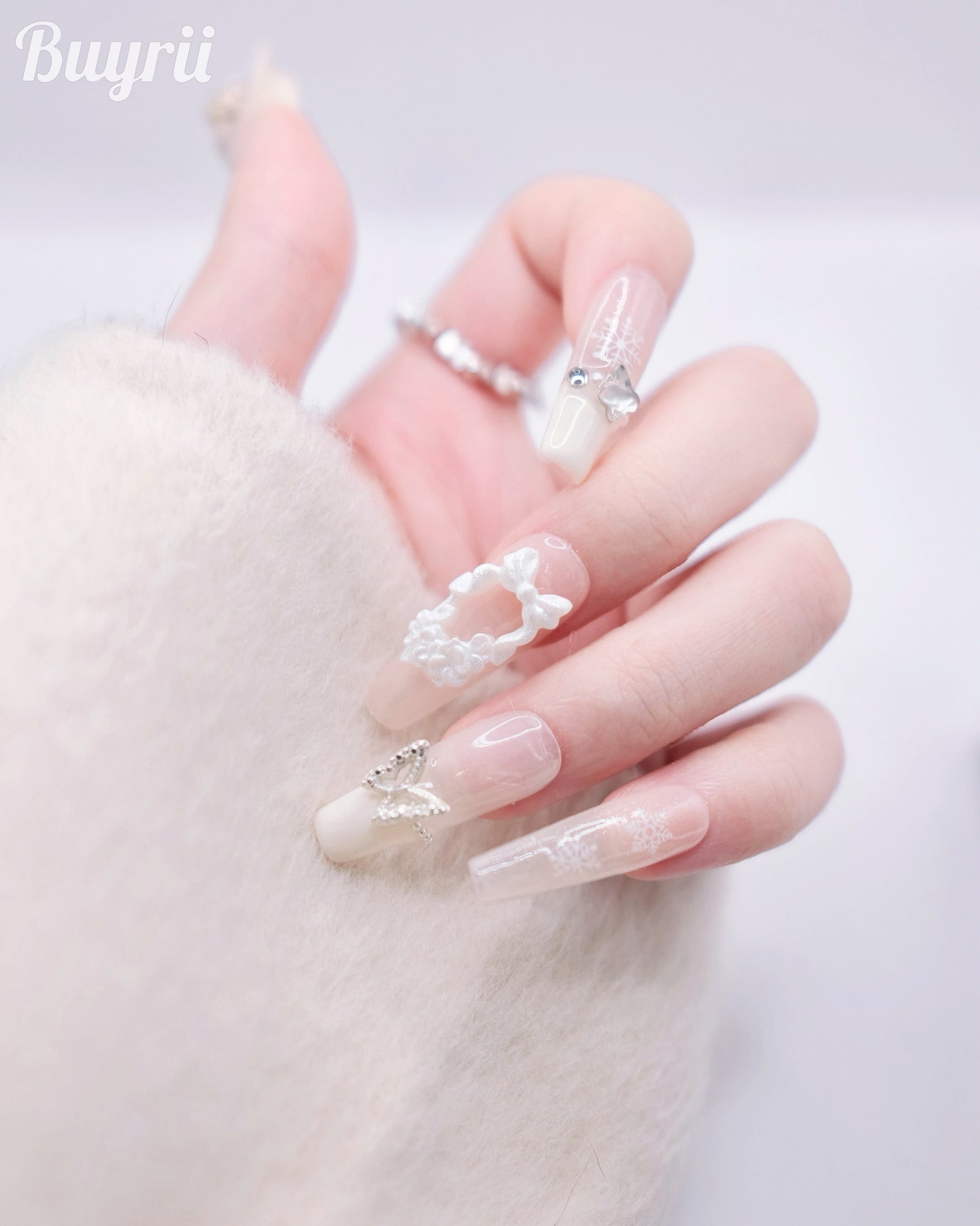 Extra Long Coffin White Diamond Christmas Fairy Press On Nails