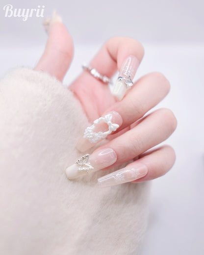 Extra Long Coffin White Diamond Christmas Fairy Press On Nails