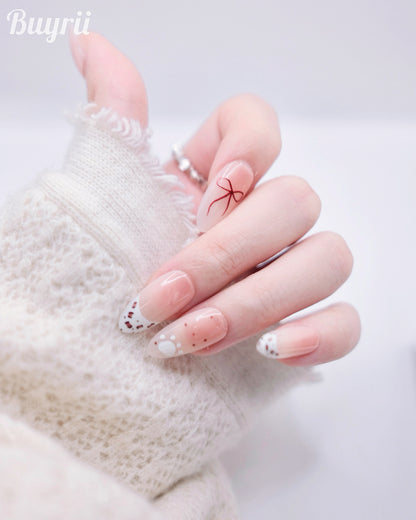 Mid-Long Oval Nude Color Cute Bear With Bowtie Press On Nails