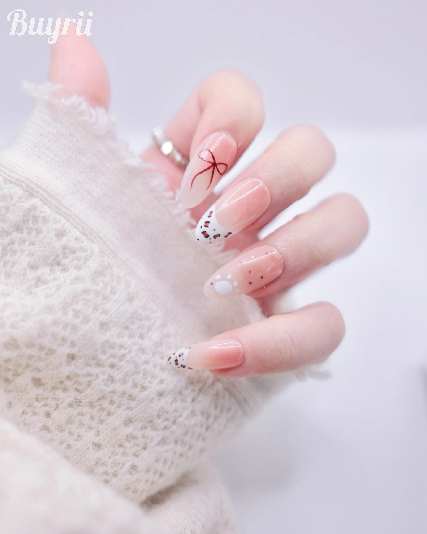 Mid-Long Oval Nude Color Cute Bear With Bowtie Press On Nails