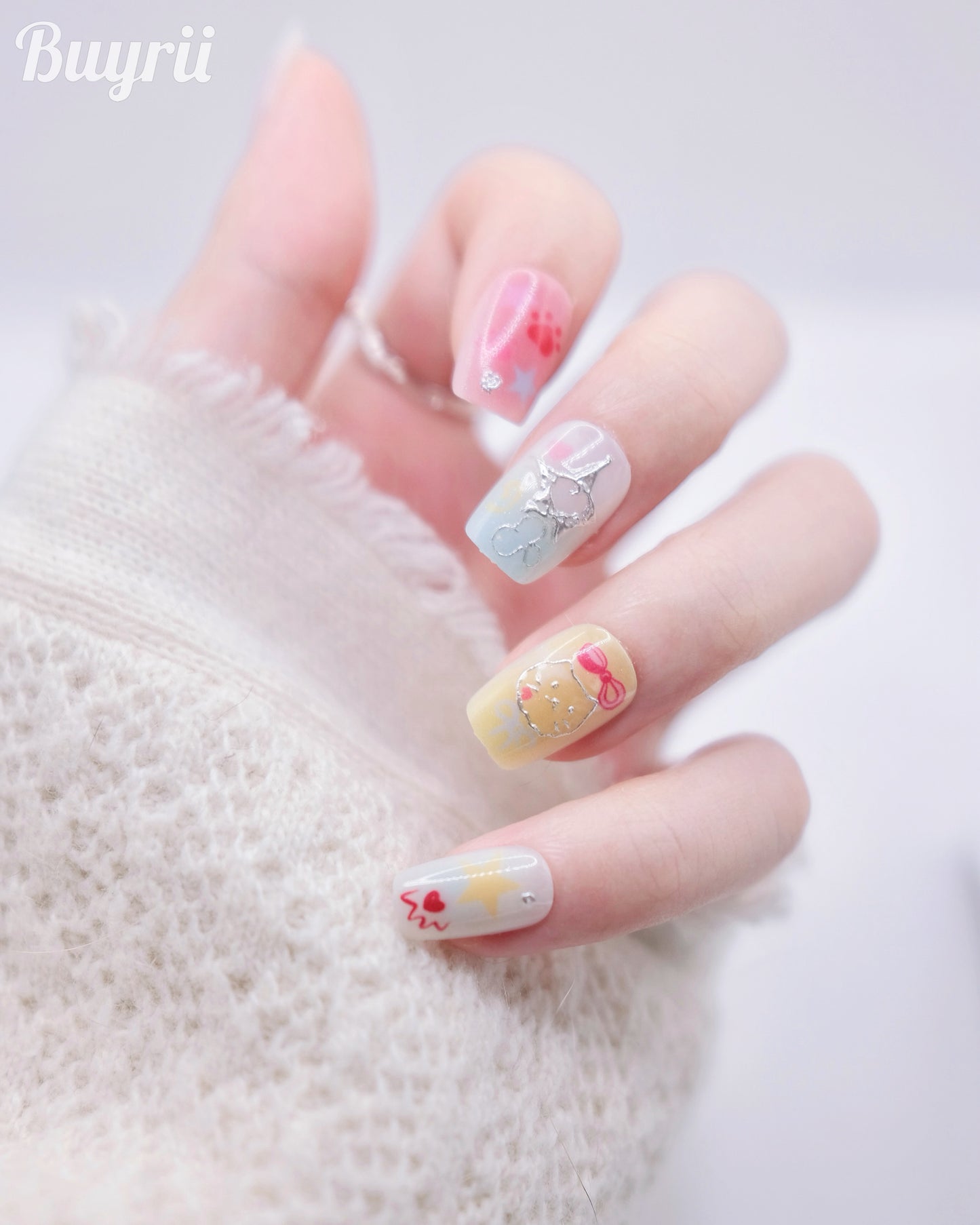 Short Coffin Colorful Love Heart Press On Nails