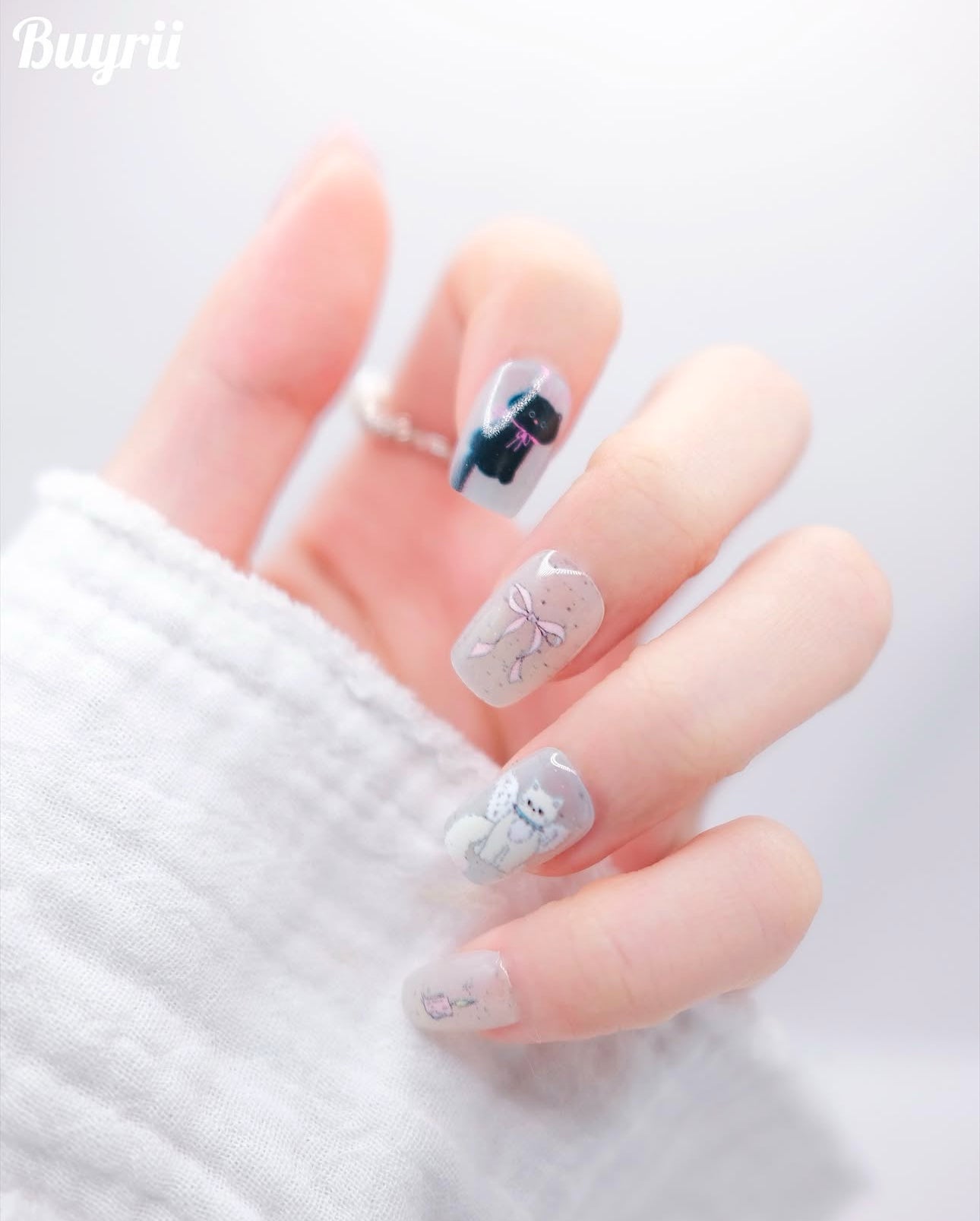 Short Coffin White Kitty & Puppy With Bowtie Press On Nails