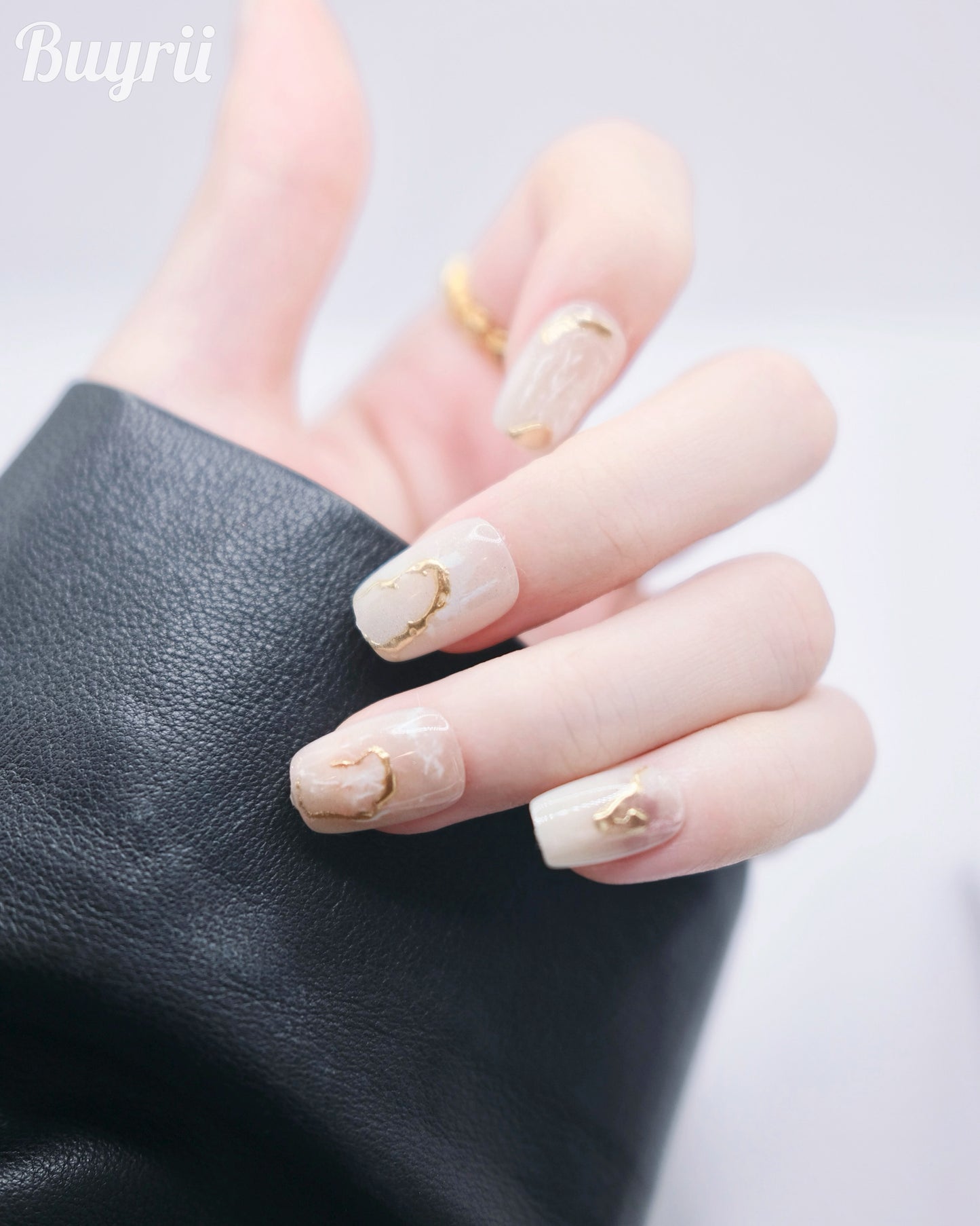 Short Coffin White & Gold Fall Season Press On Nails