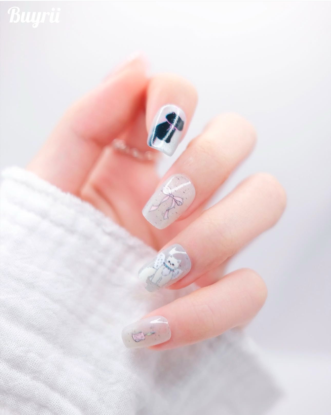 Short Coffin White Kitty & Puppy With Bowtie Press On Nails