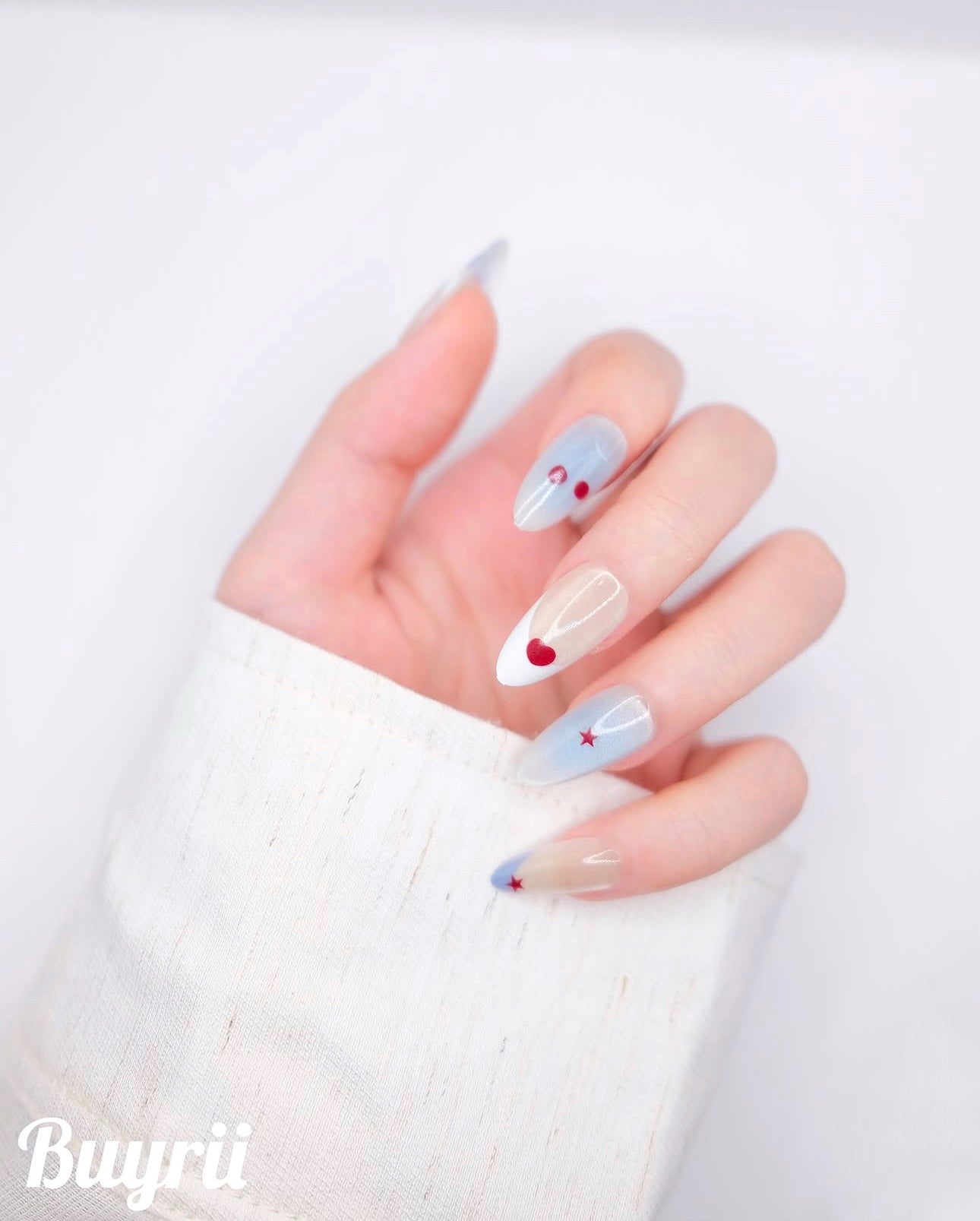 Mid-Long Almond Blue & Gold With Cherry Press On Nails