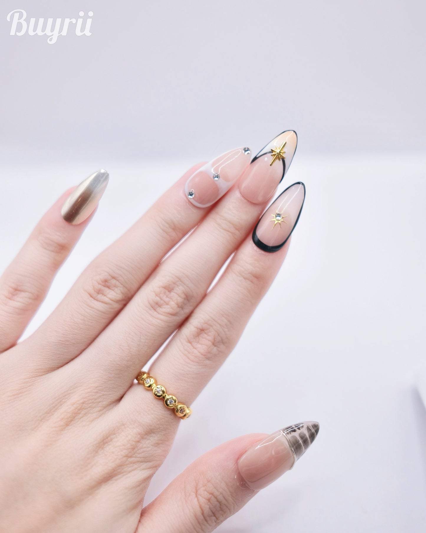 Long Almond Nude & Diamond With French Manicure Press On Nails