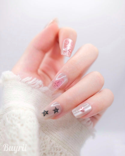 Short Coffin Nude Color Pink Bowtie Cat Press On Nails