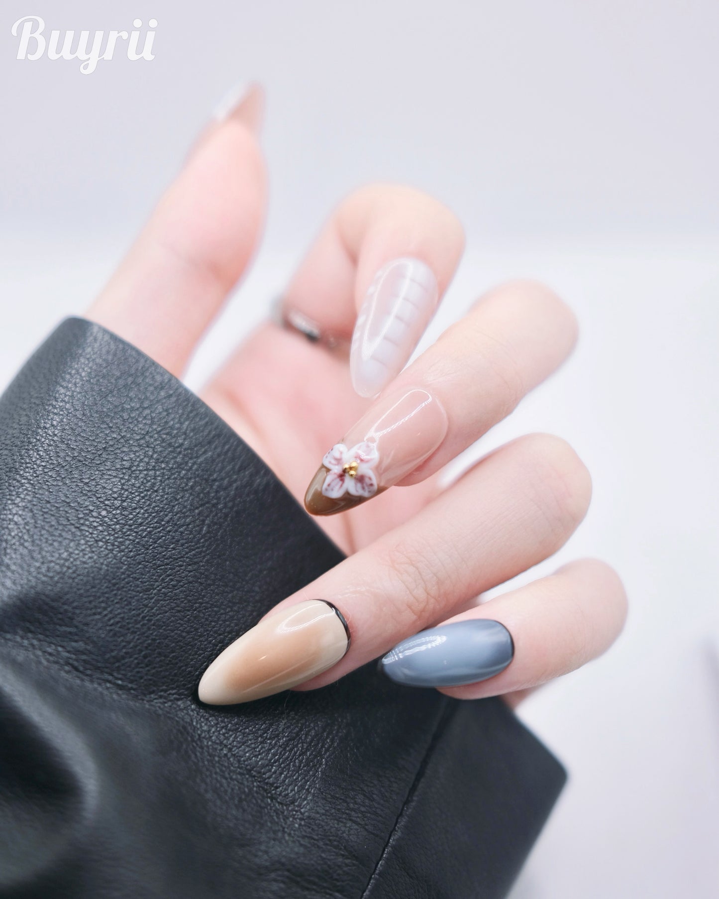 Long Almond White & Blue With Embossed Flower Press On Nails