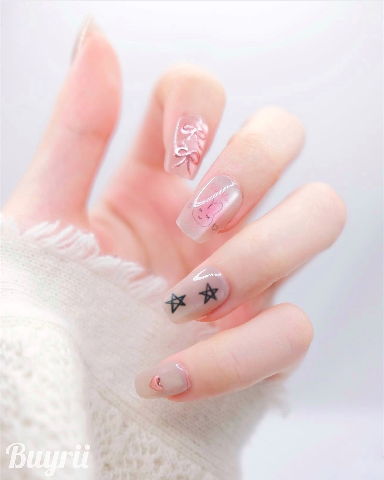 Short Coffin Nude Color Pink Bowtie Cat Press On Nails