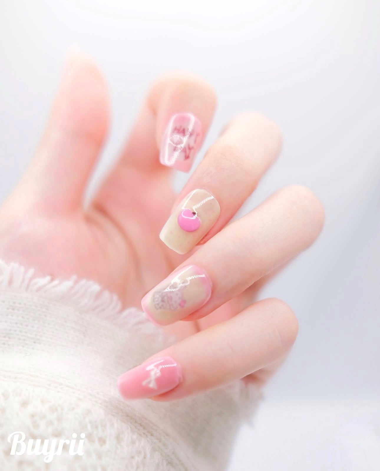 Short Coffin Creamy White & Pink Cute Teacup Press On Nails