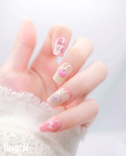 Short Coffin Creamy White & Pink Cute Teacup Press On Nails