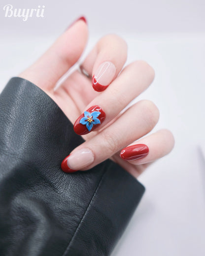 Mid-Long Oval Red & Nude Color Flower French Manicure Press On Nails