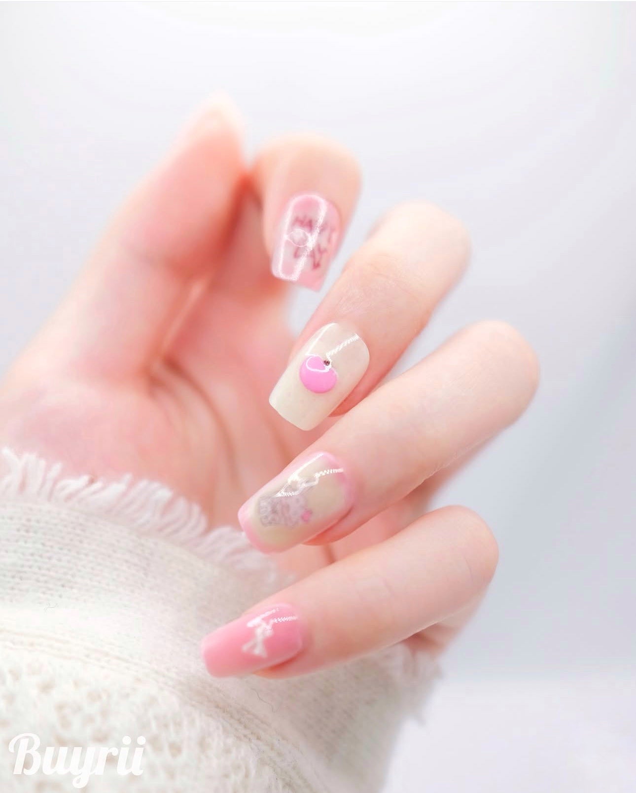 Short Coffin Creamy White & Pink Cute Teacup Press On Nails