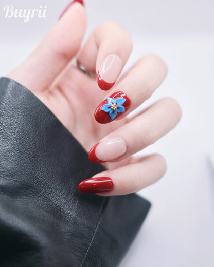 Mid-Long Oval Red & Nude Color Flower French Manicure Press On Nails